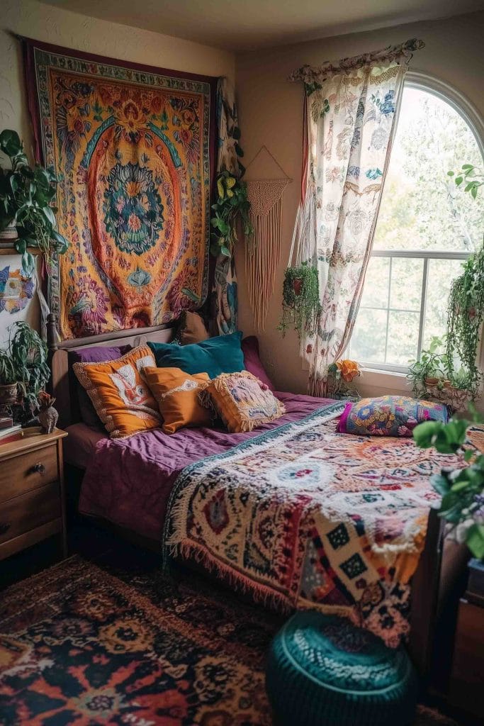 Eclectic room with colorful bedding, patterned rugs, and a variety of wall hangings.