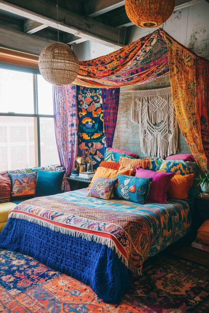 A room with a colorful bed featuring bright orange, purple, and blue textiles, and a vibrant orange throw blanket.