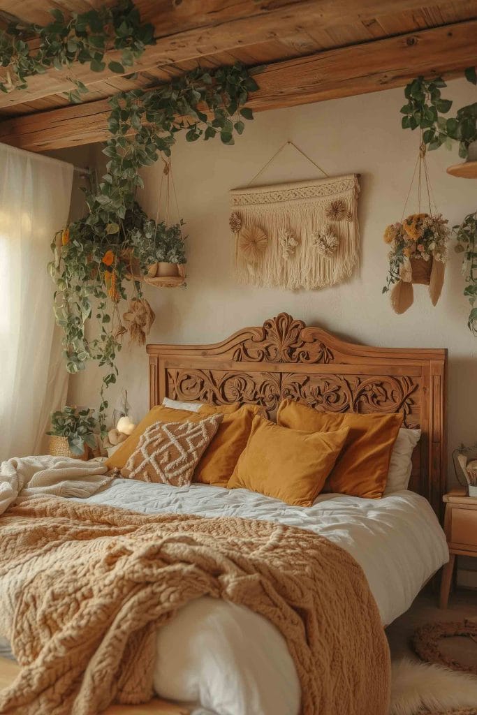 A bohemian room with earthy tones, a wooden headboard, and hanging plants.