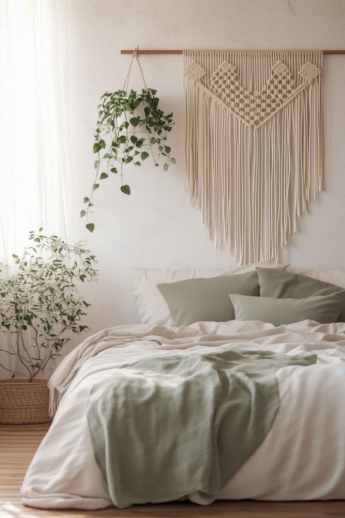 A bedroom with sage green and neutral bedding, a macramé wall hanging, and natural wood accents.