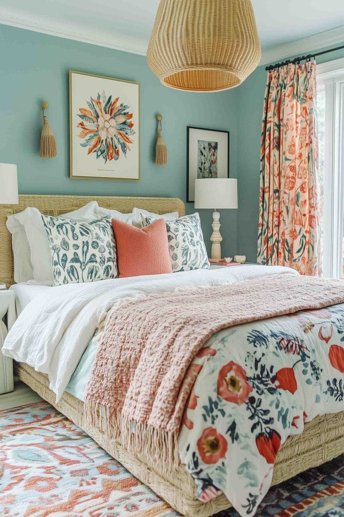 A room with a bed featuring floral bedding and curtains, light blue walls, and a natural fiber chandelier.