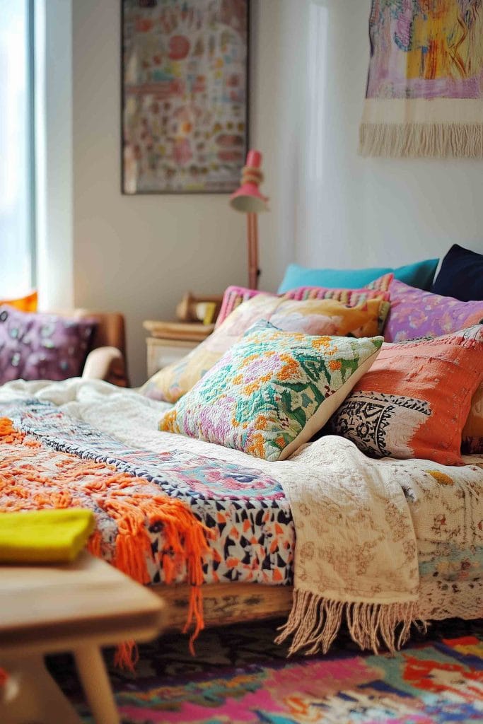 A room with a bed covered in vibrant, eclectic textiles, featuring bright cushions and an array of colors and patterns.