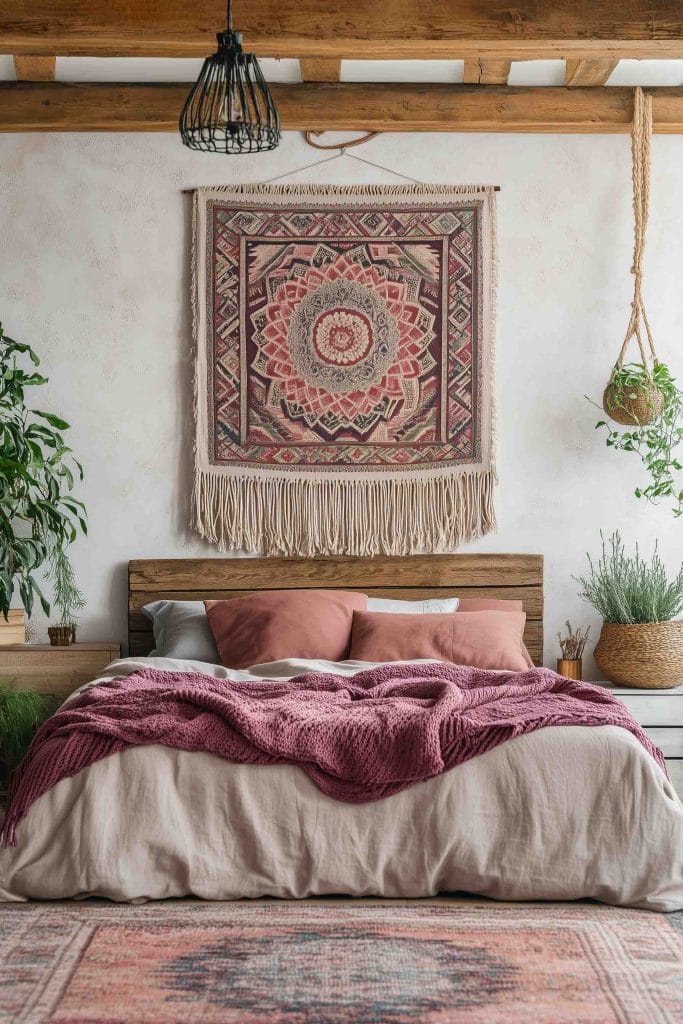 A room with a textile wall hanging, warm-toned pillows, and a wooden headboard.