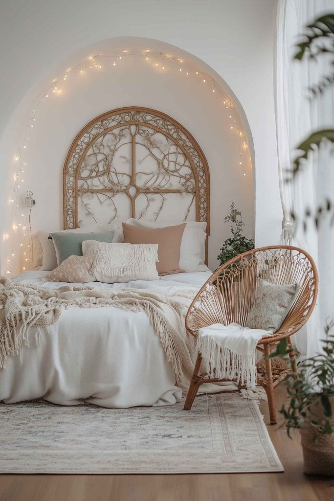 A room with a rattan headboard, white linens, and a woven chair under fairy lights.