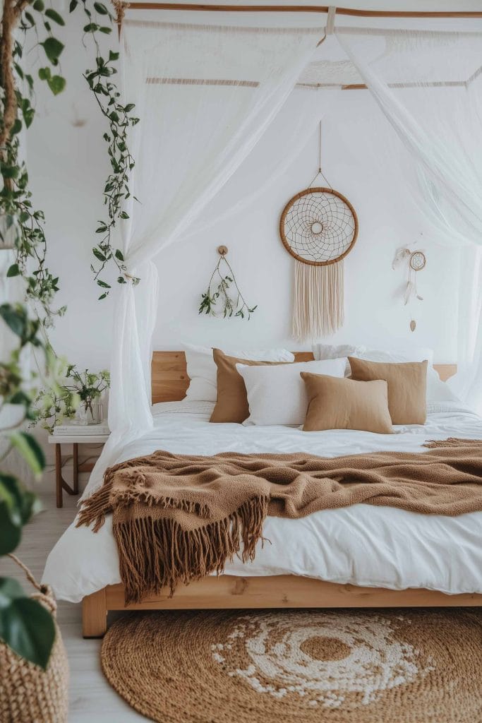 A room with a canopy bed, dreamcatcher, and natural textures like woven rugs and greenery.