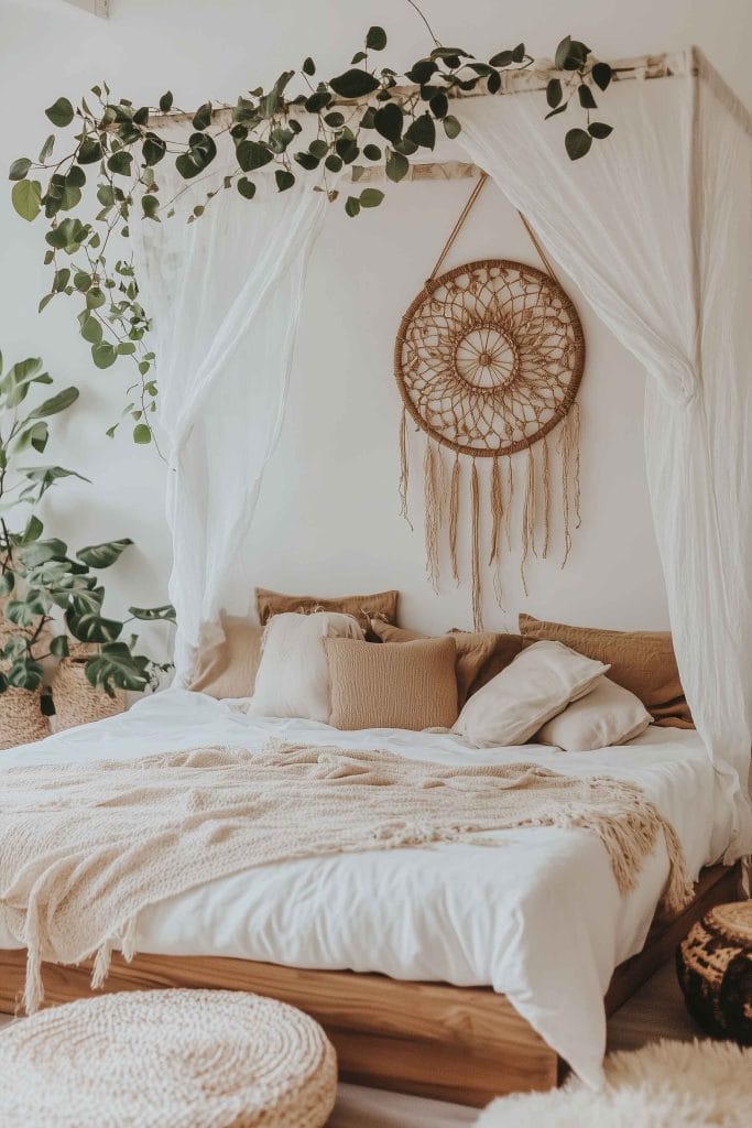 A room with a canopy bed, hanging greenery, and neutral-toned decor.