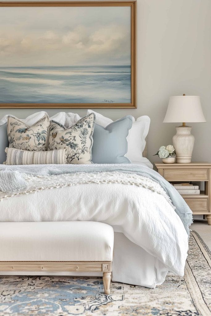 A serene bedroom featuring soft coastal tones with a light beige bed, pale blue and white pillows, and a calming ocean painting above the bed. The room exudes warmth with natural wood nightstands and a soft beige lamp, completing the coastal theme with light blue accents and cozy textures.