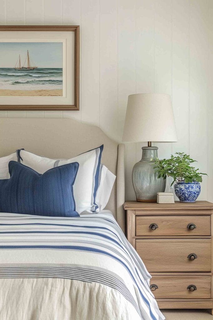 A serene coastal bedroom with soft beige and blue tones. The bed is dressed in striped bedding with a navy accent pillow. A nautical-themed sailboat painting hangs above the bed, while the nightstand is decorated with a ceramic lamp and a small potted plant, adding natural elements to the space.