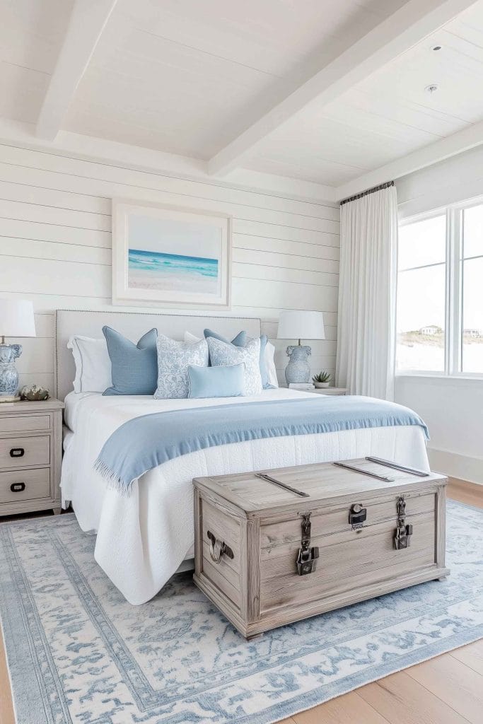 A bright and airy coastal bedroom with shiplap walls and a white bed topped with light blue accent pillows. A light wood chest sits at the foot of the bed, and a framed seascape painting hangs above. Large windows let in natural light, adding to the fresh, breezy ambiance.