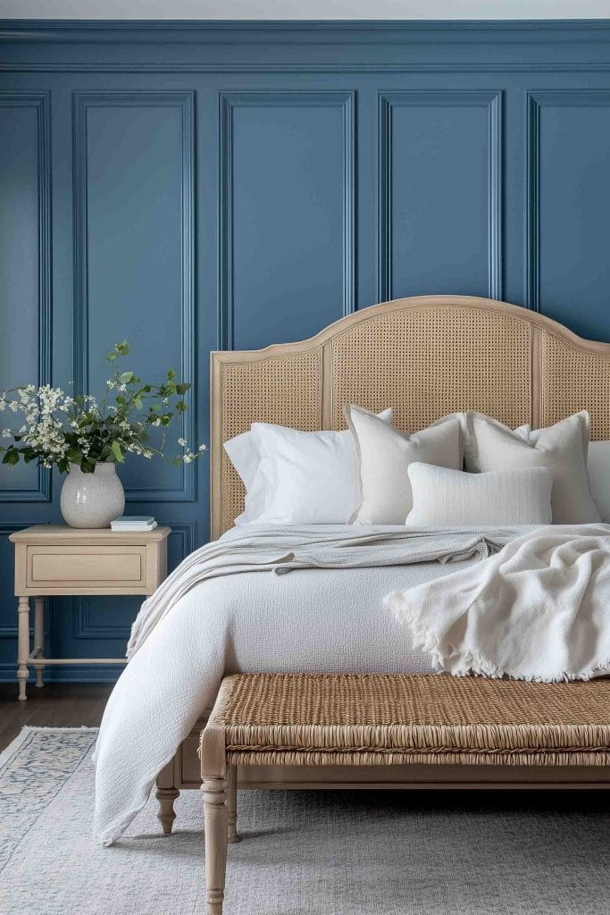 A cozy coastal bedroom with a deep blue paneled accent wall and a natural wicker headboard. The bed features white bedding and soft neutral pillows, with a woven bench at the foot. A light, neutral rug and natural decor elements complete the relaxing space.