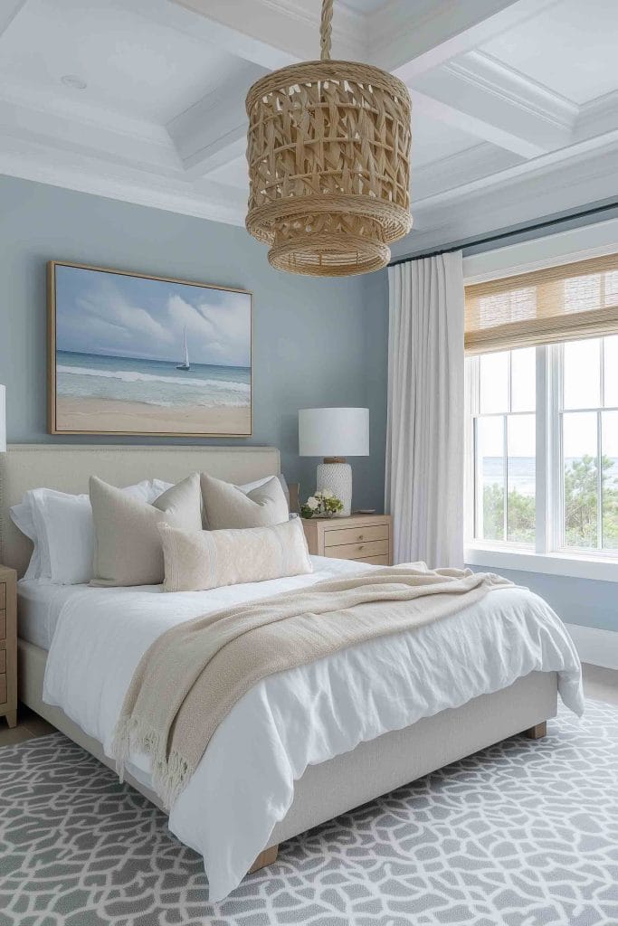 A peaceful coastal bedroom featuring a soft blue wall color and a woven pendant light. The bed is dressed in white linens with beige accent pillows, and a sailboat painting hangs on the wall. Natural light fills the room, highlighting its warm and calming tones.