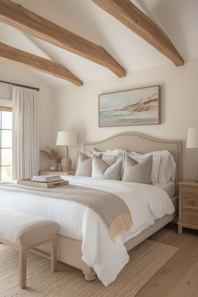 A warm coastal bedroom with exposed wooden beams and neutral tones. The bed is topped with white bedding and soft beige accent pillows, with a framed coastal landscape above. The rustic wood decor and natural textures create a welcoming and relaxed atmosphere.