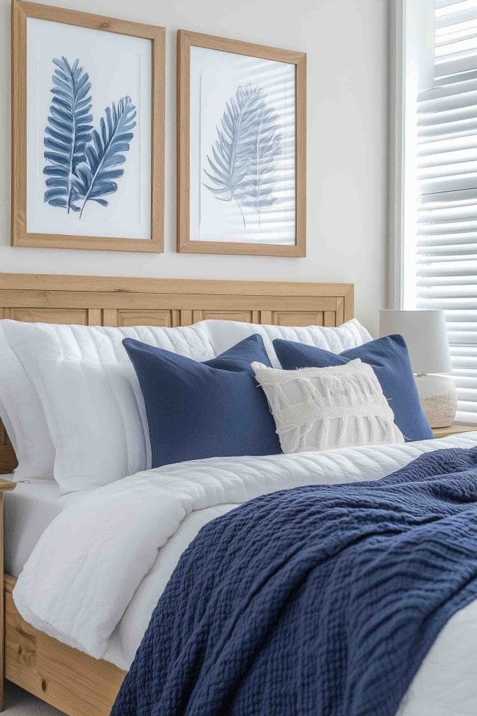 A cozy coastal bedroom featuring a wooden headboard and navy blue bedding accents. Two framed botanical prints of palm leaves in blue tones hang above the bed, adding a natural touch. The combination of white and navy creates a fresh, beach-inspired aesthetic.