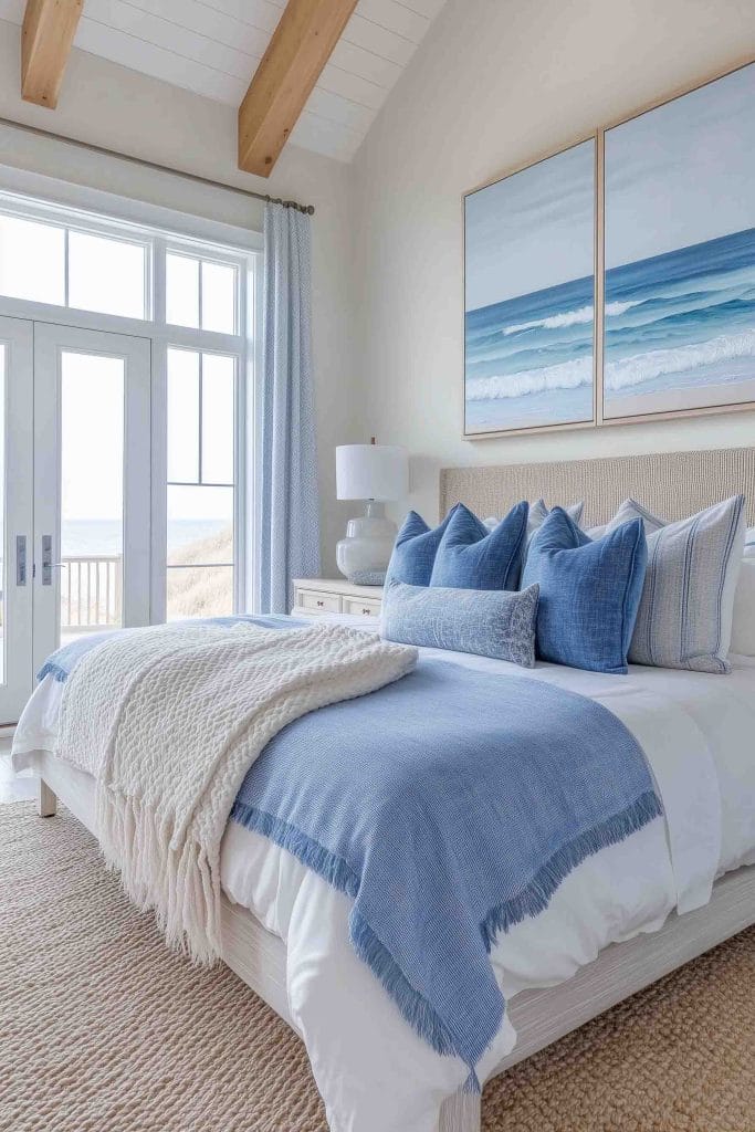 A bright and airy coastal bedroom with vaulted ceilings and wooden beams. The bed is adorned with soft blue and white linens, while large framed seascape paintings hang above the headboard. The room is flooded with natural light from the large windows and French doors, offering a peaceful beachside vibe.