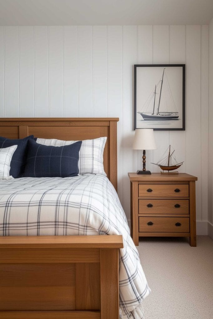 A coastal bedroom with a wooden bed frame and plaid bedding in shades of white and navy blue. The nightstand holds a lamp and a decorative ship model, while a framed picture of a sailboat hangs on the wall, complementing the nautical theme.