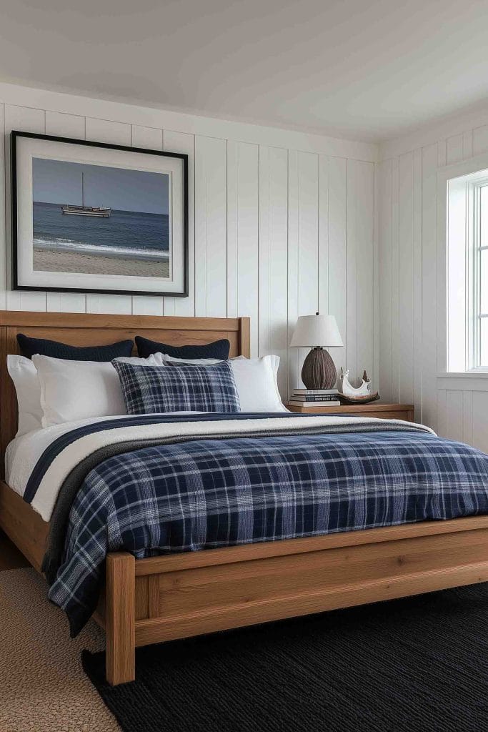 A nautical-themed coastal bedroom with white paneled walls and a wooden bed dressed in navy and plaid bedding. A framed photograph of a boat on the water hangs above the headboard, and the room is accented with coastal decor, including a ship-shaped ornament on the nightstand.