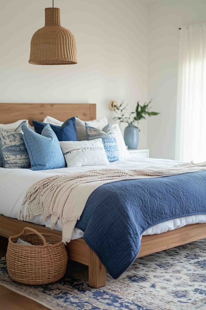 A coastal bedroom featuring a light wooden bed with blue and beige bedding. A woven pendant light hangs above, adding natural texture, while a cozy throw blanket drapes across the bed. The room's light-filled ambiance and layered textures create a serene, beach-inspired retreat.