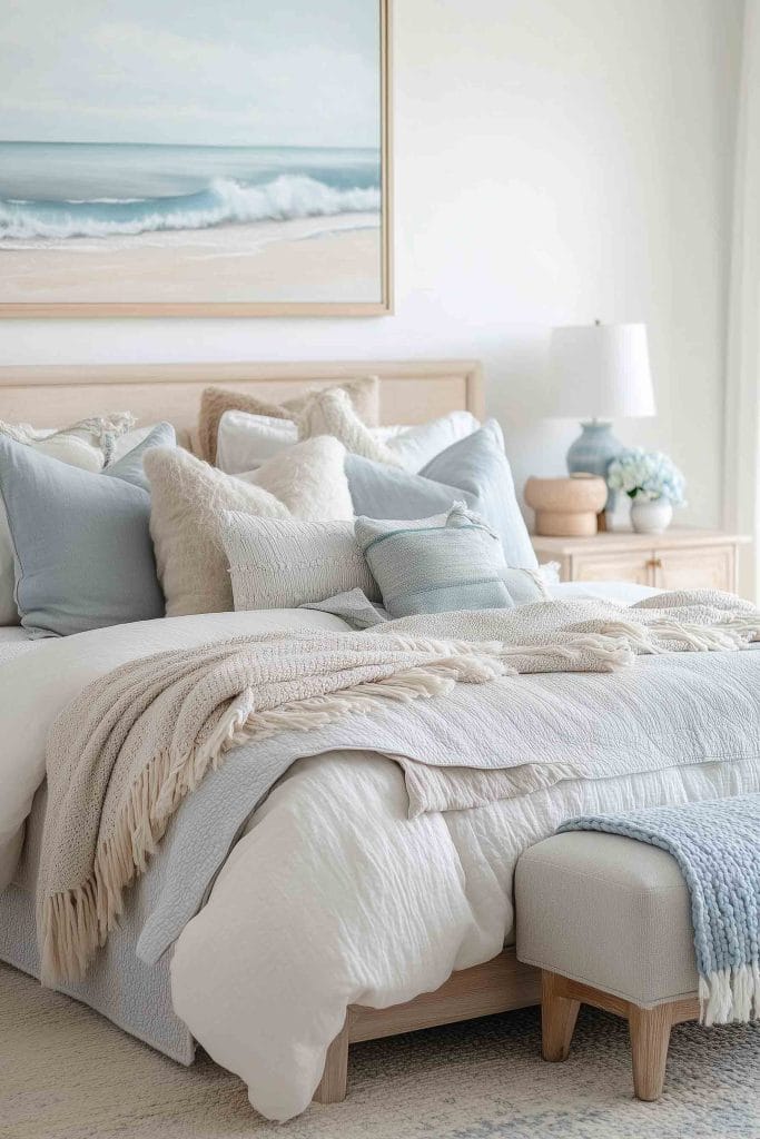 A cozy coastal-themed bedroom featuring soft pastel bedding with plush pillows and blankets in neutral tones. The room is adorned with a large framed seascape painting above the bed, adding a serene oceanic ambiance.