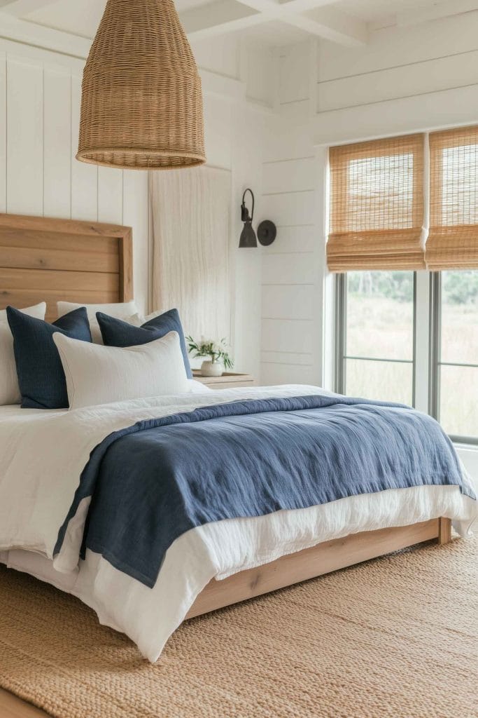 A minimalist coastal bedroom featuring a natural wood bed frame with white and navy bedding. A large woven pendant light hangs above the bed, complemented by bamboo shades on the windows and a textured jute rug, giving the room a warm, natural feel.