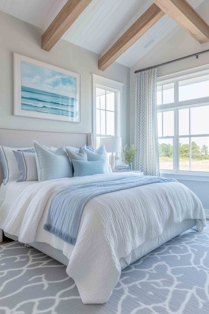 A bright and airy bedroom with white walls and wooden beams on the ceiling. The bed is decorated with soft, light blue bedding and throw pillows. Large windows allow ample natural light and offer a peaceful view of the outdoors.