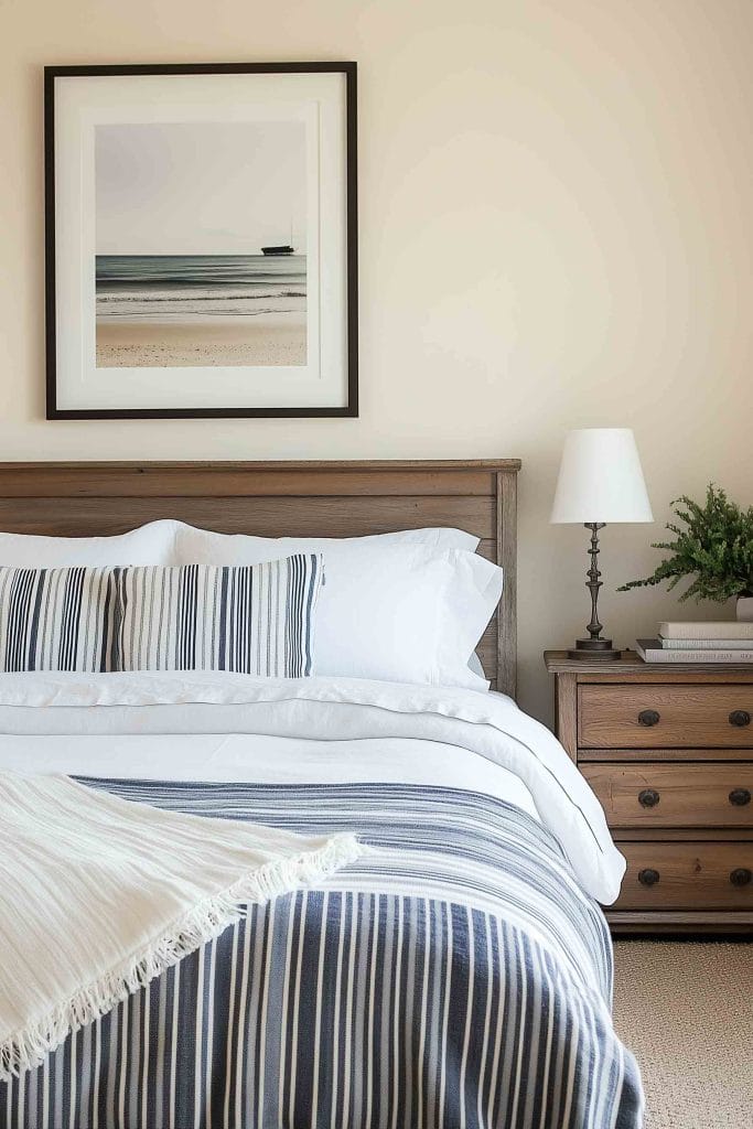 A minimalist bedroom with a wooden bedframe and striped navy-blue bedding. A beach-inspired photograph hangs above the bed, complementing the soft, neutral tones of the room.