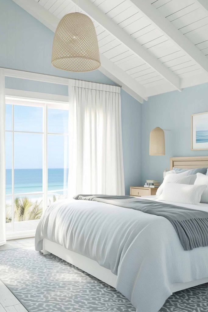 A relaxing bedroom with light blue walls and a high, white-beamed ceiling. The bed is dressed in white linens with a soft gray throw, and large windows provide an expansive view of the ocean.