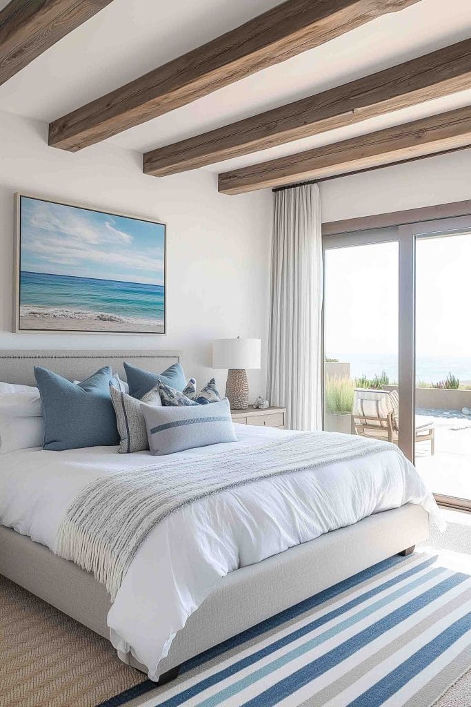 A coastal bedroom with a neutral color palette. The bed is accented with blue pillows and a striped rug. Large sliding glass doors open up to a patio with ocean views, creating a calm and refreshing atmosphere.