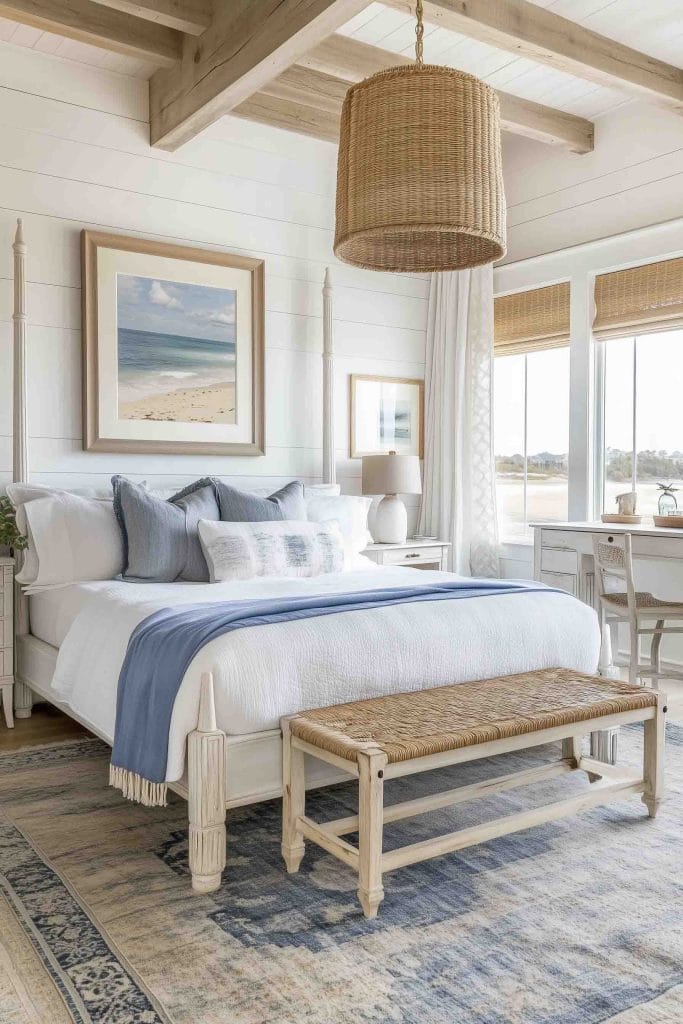 A serene coastal bedroom with white shiplap walls, a light wood bed with a high headboard, and cozy blue and white linens. The room features soft beach-themed artwork above the bed and a large woven pendant light hanging from wooden ceiling beams. A woven bench sits at the foot of the bed, and natural light streams through large windows adorned with light wooden blinds.