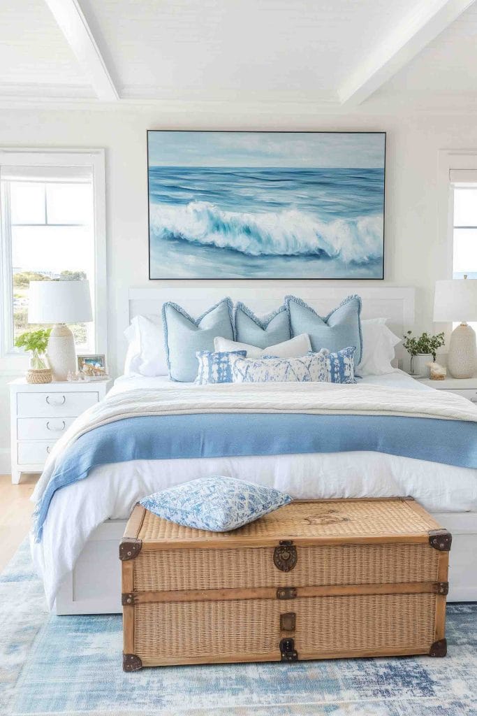 A bright, airy bedroom with a white bed frame and soft blue bedding. The bed is adorned with fluffy blue throw pillows, and an ocean wave painting dominates the wall above the headboard. A woven chest serves as a footboard, and the room is bathed in natural light from windows, enhancing the beach-inspired decor.