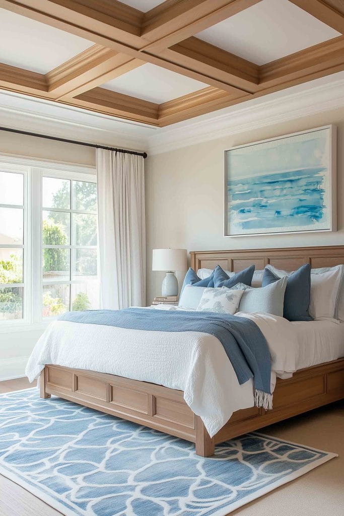 A cozy bedroom featuring a wooden bed frame with white and light blue bedding. The ceiling has an elegant coffered design in light wood. A large abstract ocean painting adds a pop of color above the bed, while a blue patterned rug complements the coastal theme. The room is warmly lit by natural sunlight through large windows.