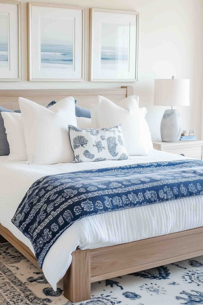 A serene, light-filled bedroom with a wooden bed frame and crisp white linens. The bedding is layered with a deep blue patterned throw, adding a nautical feel. Three framed ocean photos hang above the bed, tying together the coastal aesthetic. The soft, neutral palette creates a peaceful, relaxing environment.