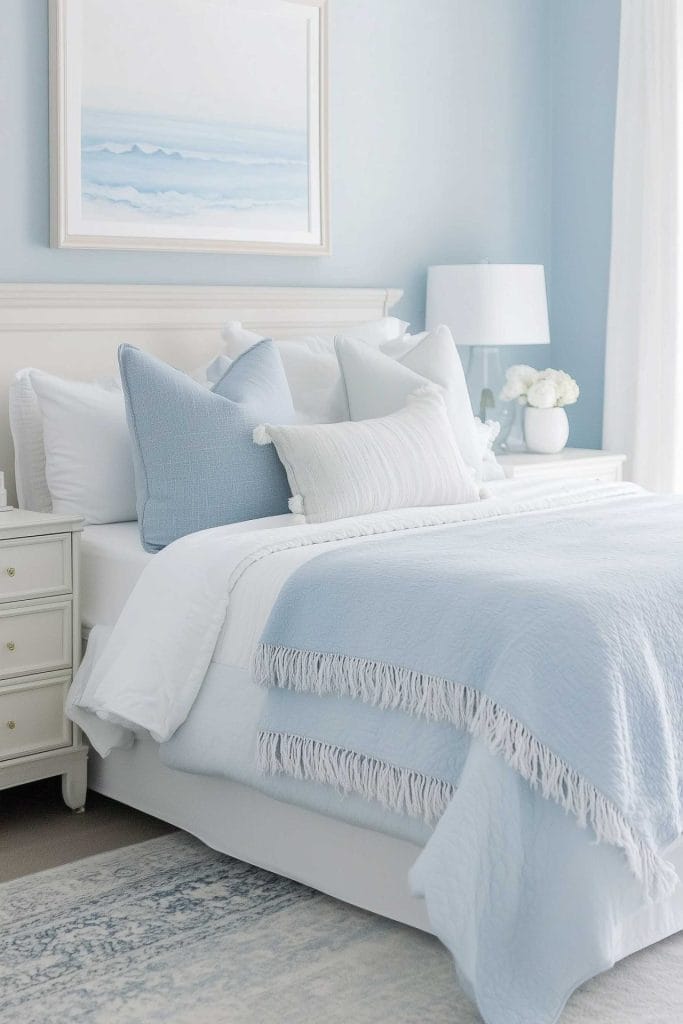 A soft, tranquil bedroom featuring a white bed with light blue and white bedding. A large blue throw with fringe details drapes over the bed, which is topped with a mix of blue and white pillows. A minimalistic ocean wave painting hangs above the bed, while a small white nightstand holds a simple lamp and flowers.