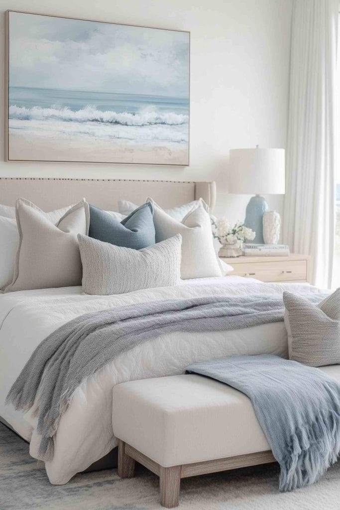 A bright coastal bedroom with soft beige and light blue tones. The bed is layered with plush white and blue pillows, and a light gray throw. Above the bed is a framed ocean painting, with soft natural light filtering through white curtains, giving the room a peaceful beachside ambiance.