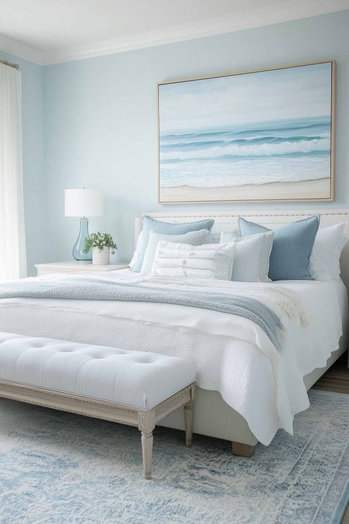 This coastal bedroom showcases a serene palette with a white bed frame and blue accents. A large seascape painting is hung above the bed, which is adorned with blue throw pillows and a soft blue blanket. A tufted white bench sits at the foot of the bed, adding a classic touch to the coastal decor.