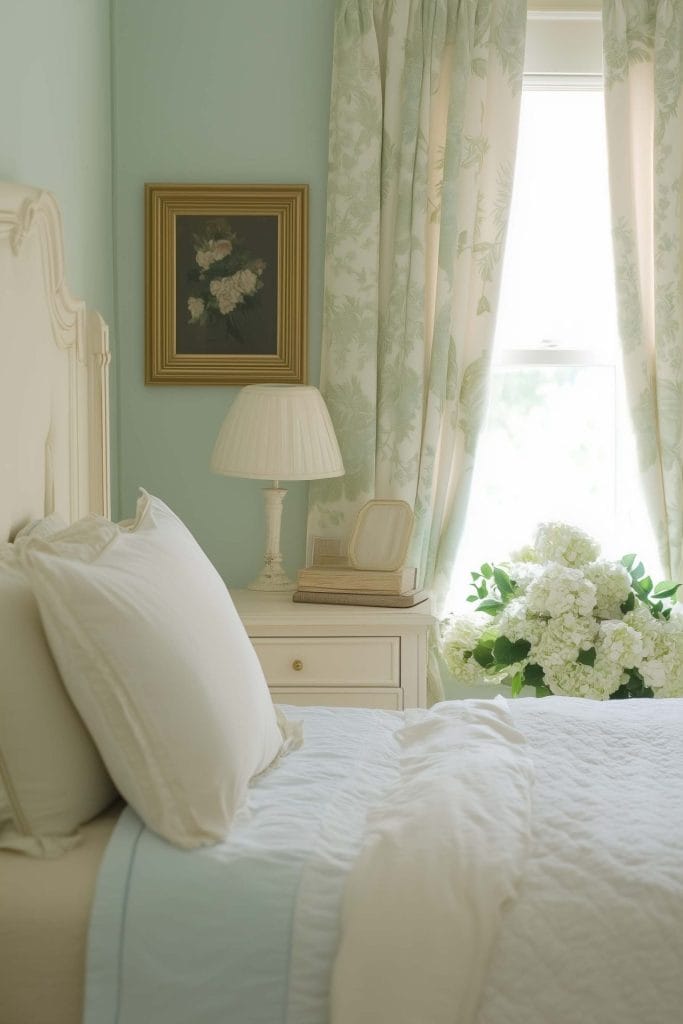 A soft, romantic bedroom with a pastel green and cream palette. The bed is adorned with white linens, and the nightstand features a traditional lamp and decorative books. A framed floral painting hangs on the wall next to the bed, and a vase of fresh white hydrangeas brings an elegant touch near the window, where floral drapes add softness to the space.