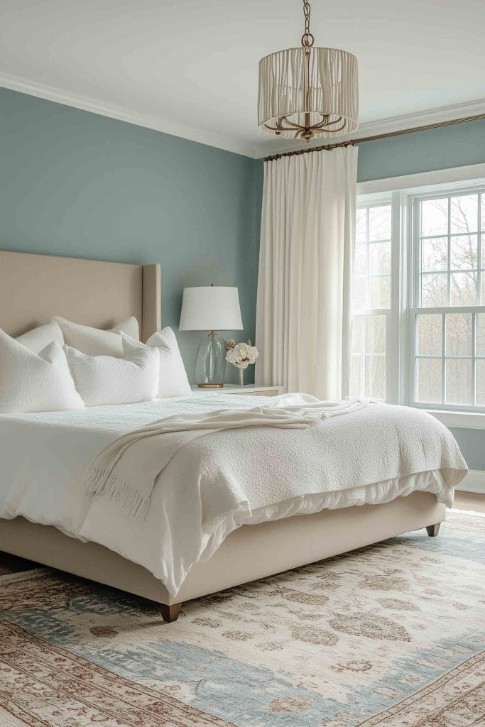 A cozy, neutral-toned bedroom with an upholstered beige bed frame and soft white bedding. The walls are painted a calming shade of blue, and the bed is complemented by a vintage-inspired rug in neutral tones. The room features a light cream nightstand with a glass lamp and a simple bouquet of flowers.