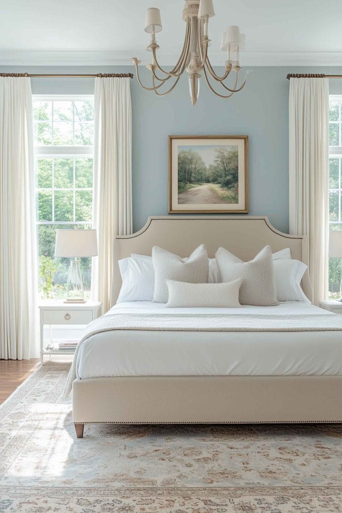 This elegant bedroom showcases a beige upholstered bed with clean white linens. A large framed landscape painting hangs on the blue-gray wall above the bed, while white curtains frame the large windows. A classic chandelier hangs from the ceiling, adding sophistication to the calm and serene atmosphere.