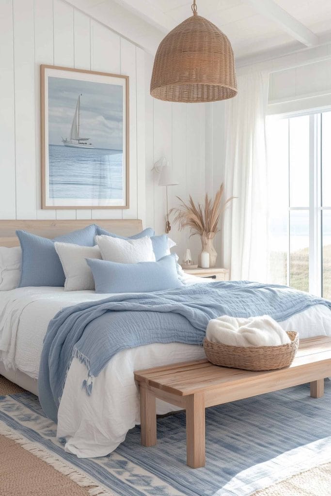 A bright, airy bedroom featuring a light wooden bed with soft blue and white bedding. The bed is topped with plush pillows, and a light blue throw drapes across the bed. A woven basket sits on the wooden bench at the foot of the bed, and a sailboat painting hangs on the white shiplap wall. The room is illuminated by natural light coming through the large windows and a woven pendant light overhead.