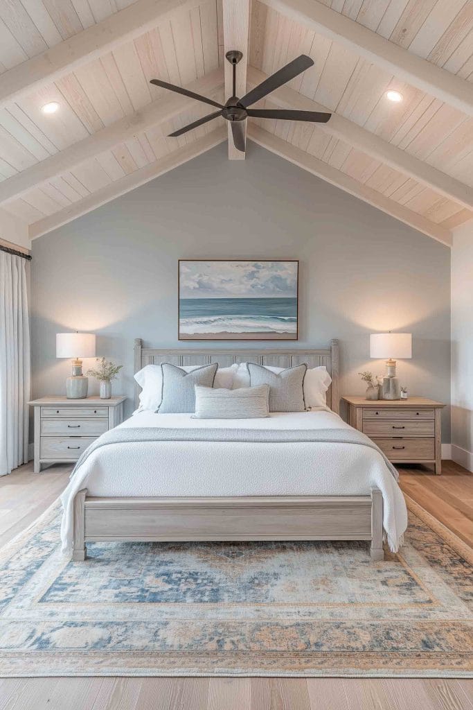 A spacious bedroom with vaulted ceilings, featuring a light wooden bed with a white quilted comforter and soft gray and blue pillows. The room has a light and neutral palette, with soft natural lighting from large windows. A fan hangs from the vaulted ceiling, and an ocean painting is displayed above the bed. Matching wooden nightstands flank the bed with minimal decor.