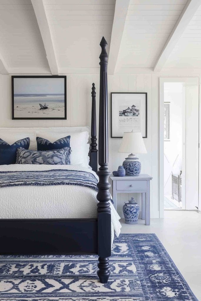 This bold coastal bedroom features a black four-poster bed adorned with white bedding and blue decorative pillows. A dark blue patterned rug and matching blue accessories, such as a ceramic lamp and jars, enhance the nautical theme. Coastal artwork hangs above the bed, with one print of a boat on the beach and another of a coastal house, adding a crisp and contemporary feel to the room.