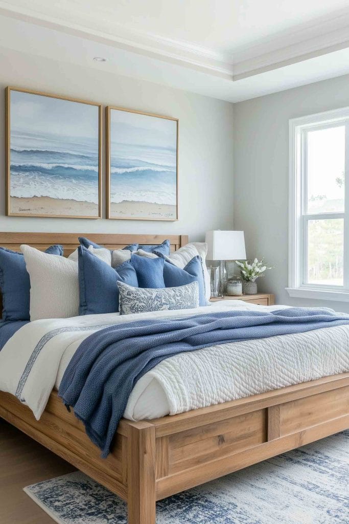 A cozy bedroom with a wooden bed frame and white bedding accented by deep blue pillows and a matching blue throw. The bed is positioned against a soft gray wall, with two framed ocean-inspired paintings hanging above. The light-filled room has a warm and calming atmosphere, with a wooden nightstand and a vase of fresh flowers adding to the inviting coastal decor.