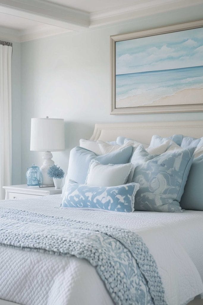 A serene bedroom with soft blue and white bedding, decorated with a mix of blue and white pillows. The room features a light beach-themed painting above the bed, complementing the light and airy feel. A white nightstand with a white lamp and blue decorative elements complete the peaceful coastal look.