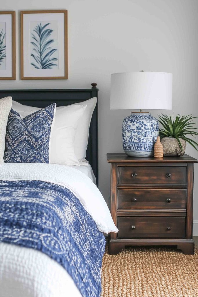 A cozy coastal bedroom with a dark wood nightstand and a blue-and-white patterned quilt. The bed features matching pillows in a deep navy hue, paired with crisp white linens. On the nightstand is a large blue ceramic lamp and a small plant, framed by botanical art prints on the wall.