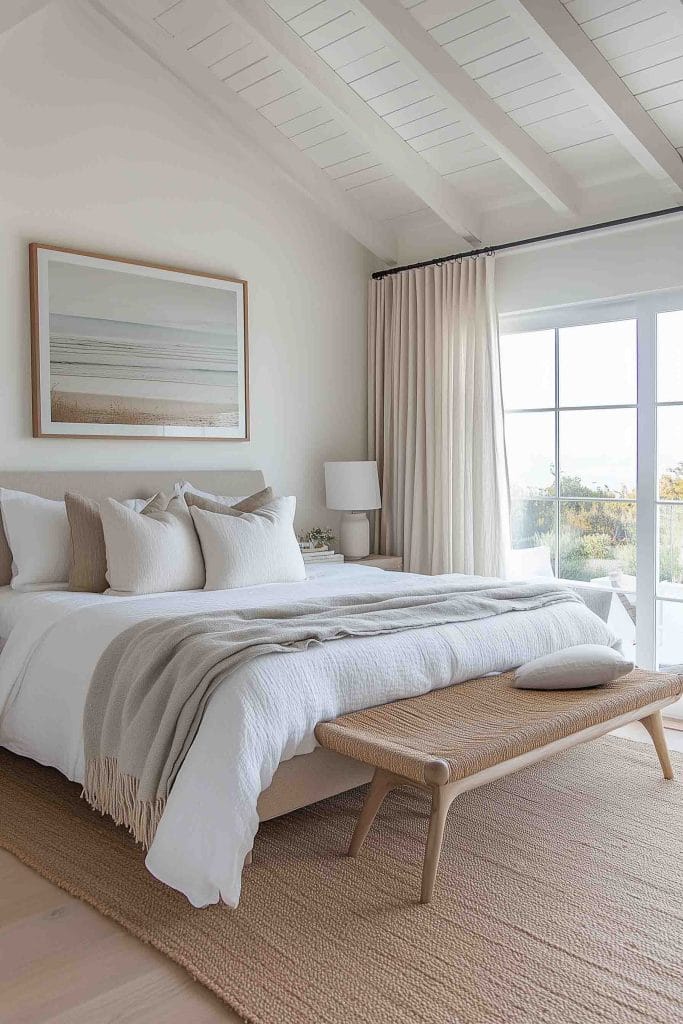 This coastal bedroom features a minimalist style with soft beige and white tones. A light wooden bed is adorned with neutral linens, while a woven bench sits at the foot of the bed. The room has large sliding glass doors, bringing in natural light, with a large beach landscape painting on the wall adding to the coastal ambiance.