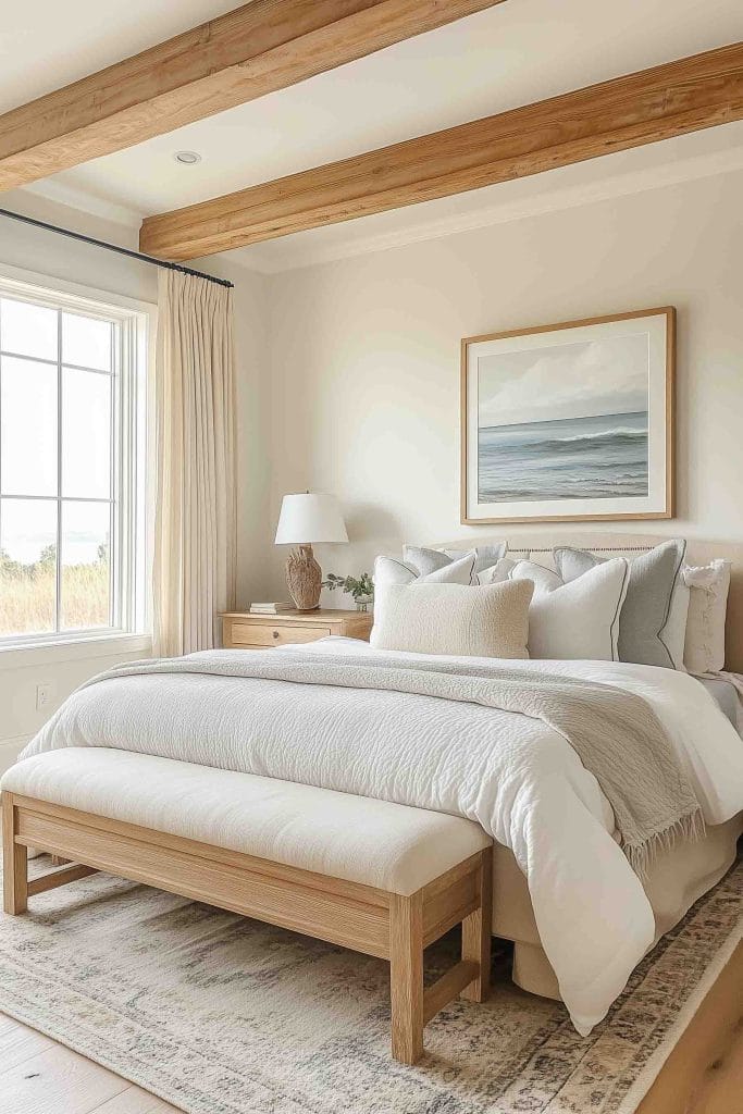 A calming bedroom with soft, neutral tones and exposed wooden beams. The bed is dressed in white and beige bedding with a matching bench at the foot. A simple ocean painting hangs above the bed, and the large window lets in plenty of natural light, highlighting the room's soft, airy aesthetic.