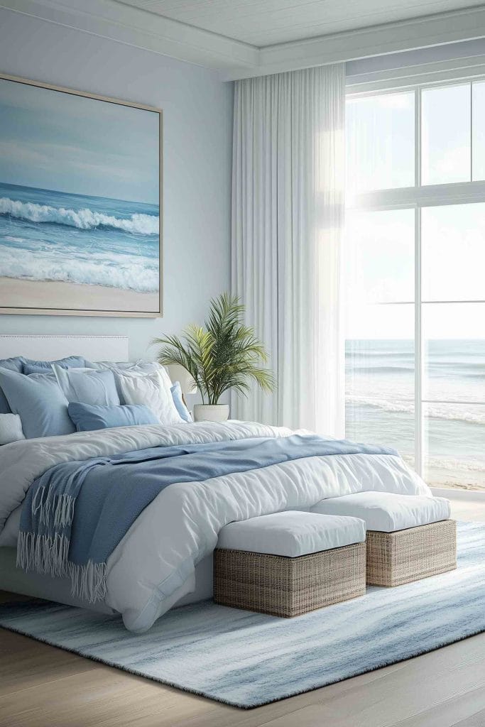 This bright coastal bedroom has a stunning ocean view from the large windows, with sunlight streaming in. The bed is layered with soft white and blue bedding, complemented by a soft blue throw. A beach scene painting hangs above the bed, and woven storage ottomans sit at the foot of the bed, enhancing the coastal atmosphere.