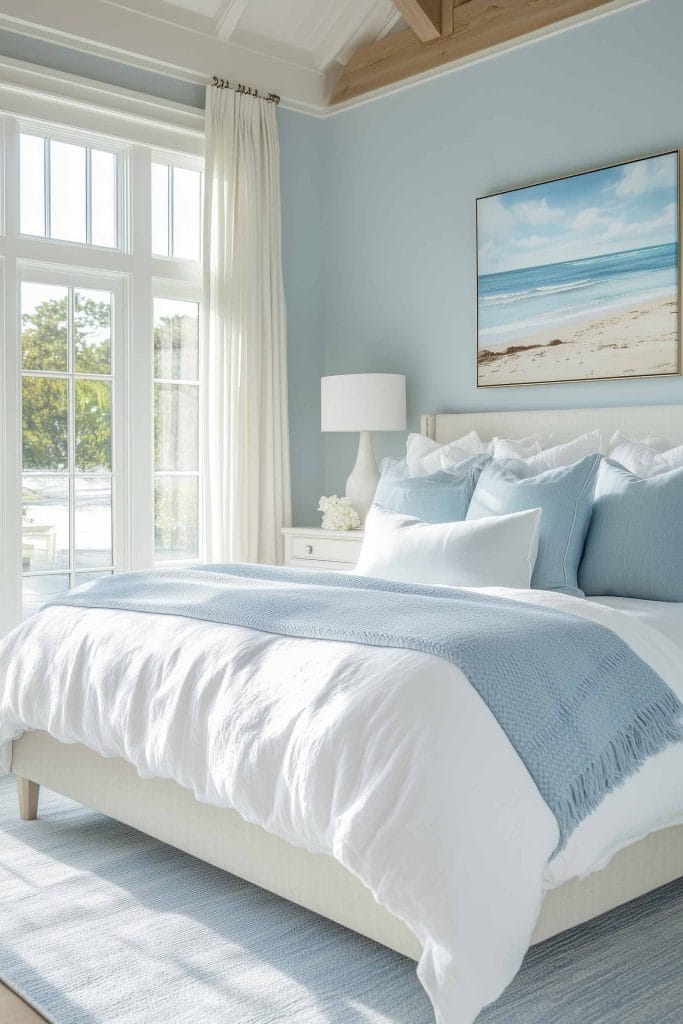 A coastal bedroom with light blue walls and white bedding accented by soft blue throw pillows. The bed is topped with a matching blue blanket, and large windows allow natural light to flood the room. A seascape painting above the bed and a simple white lamp on the nightstand add to the serene beach vibe.