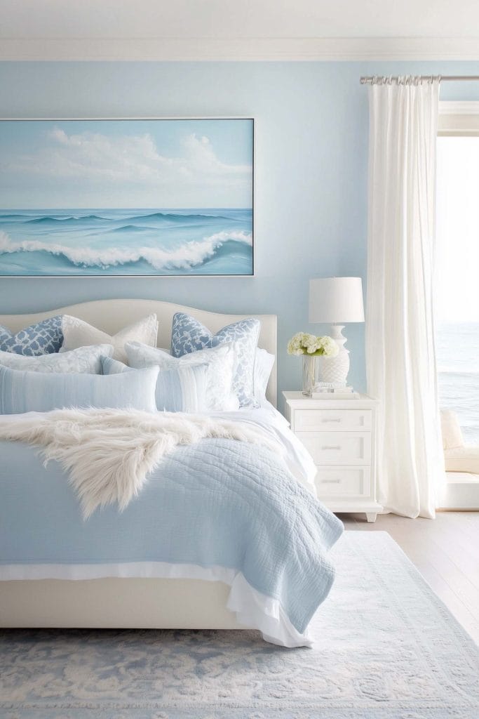 A bright, serene bedroom with a white bed and soft blue bedding, including fluffy throw pillows. A large ocean wave painting hangs above the bed, and a white nightstand holds a lamp with fresh flowers. The room is filled with natural light from the nearby window, creating a calm and airy beach atmosphere.