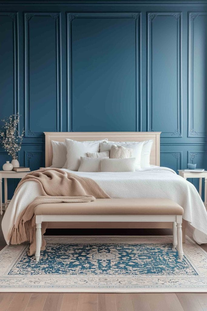 This elegant bedroom features a neutral-toned bed with white linens and beige accent pillows. The bold, deep blue wall behind the bed adds depth, while a beige upholstered bench sits at the foot of the bed. The room is accessorized with minimalist nightstands and vases, and a patterned blue and cream rug adds texture.