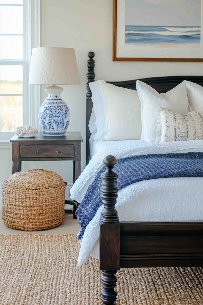 A traditional coastal bedroom with a dark wood bed frame, white linens, and a blue throw. A blue and white ceramic lamp on the nightstand adds a nautical touch, while a woven basket and a jute rug emphasize the room's natural elements. A beach scene painting hangs above the bed, tying the room together.